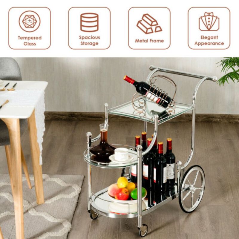 Kitchen Rolling Bar Cart With Tempered Glass