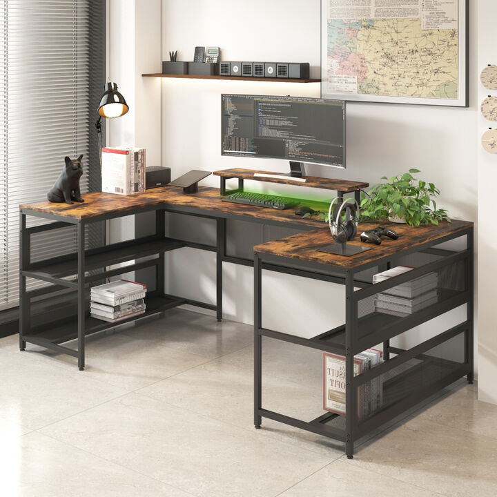 Streamdale U-Shaped Desk with Power Outlet LED Strip and Monitor Stand Vintage
