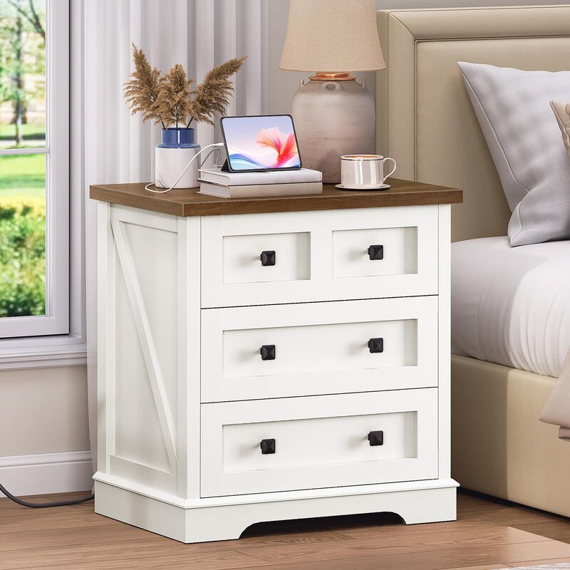 Farmhouse Side Table Nightstand with 3 Drawers and Charging Station image number 1