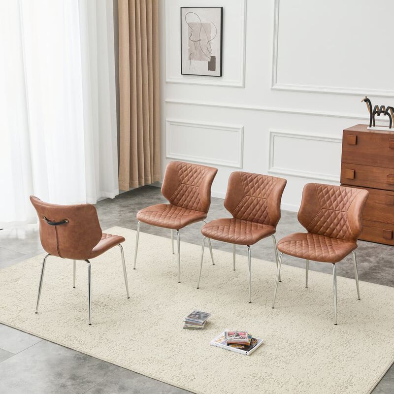 Set of 4 Leather Dining Chairs Square High Back Dining Chairs with Chevron Tufting Retro Dining Chairs with Metal Legs and Back Handle image number 3