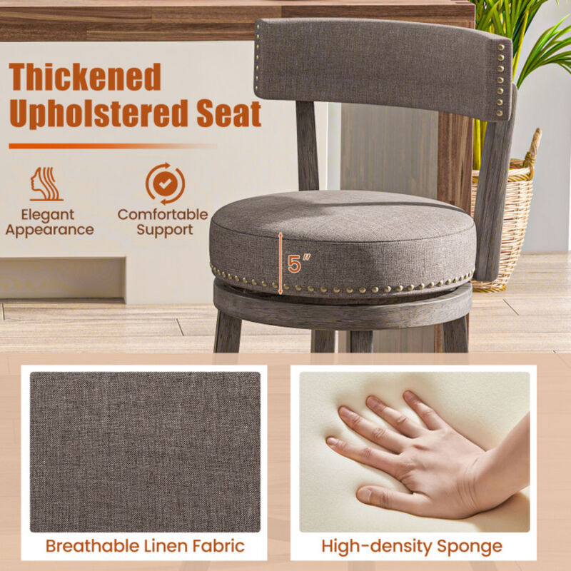 Set of 2 Counter Height Chairs with 360° Swivel Seat and Rubber Wood Frame