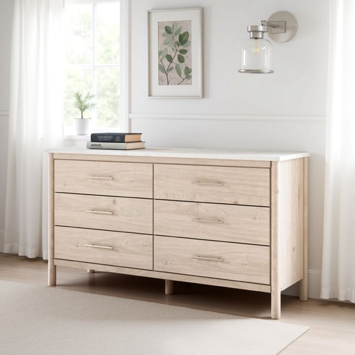 Mooran Wide Dresser, 6 Drawers, White Marble Finish Top, Brown Beige