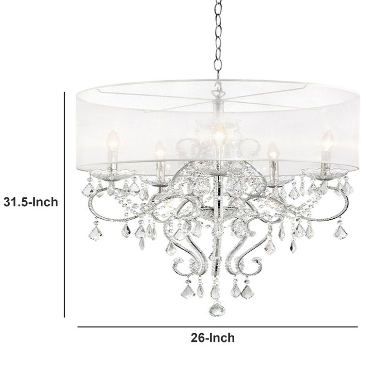 32 Inch Ceiling Lamp with Hanging Crystals, Round Canopy, Silver - Benzara