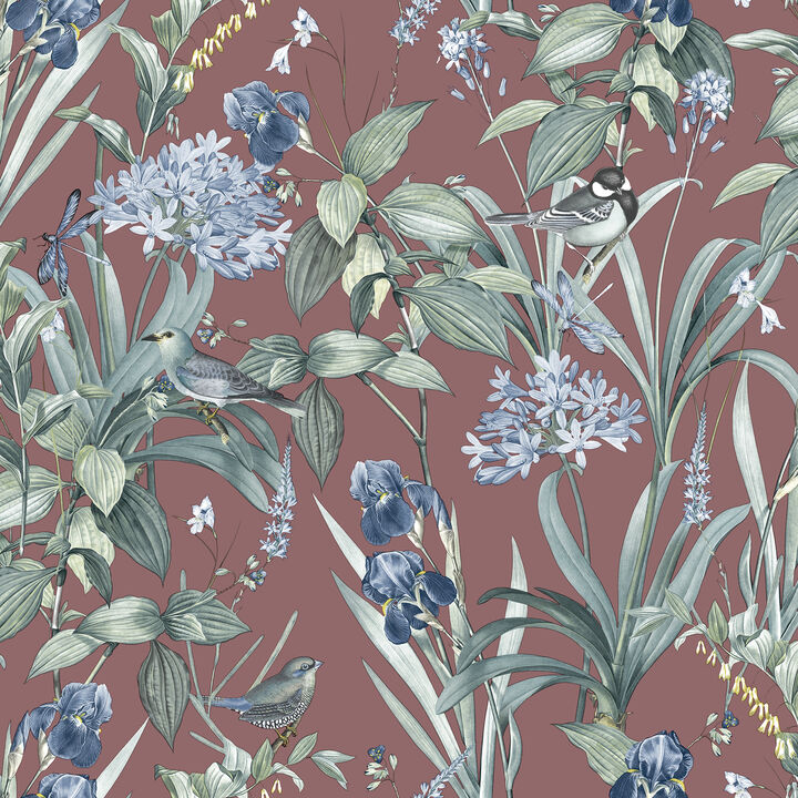 Mint Birds and Dragonflies Botanical Wallpaper