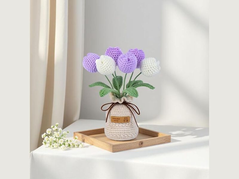 Purple Artificial Tulip Flower Stems Home Decor Crochet Flowers image number 1