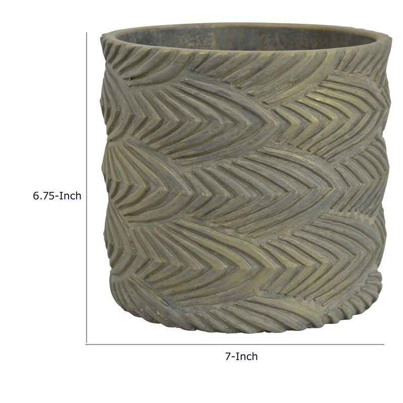 Cylindrical Planter, Raised Feather Motifs, Gray and Gold Terracotta 7 Inch image number 7