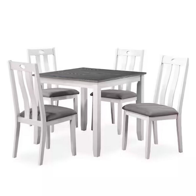 Helio 5 Piece Dining Table and Chairs Set, White Wood, Gray Fabric Seats - Benzara