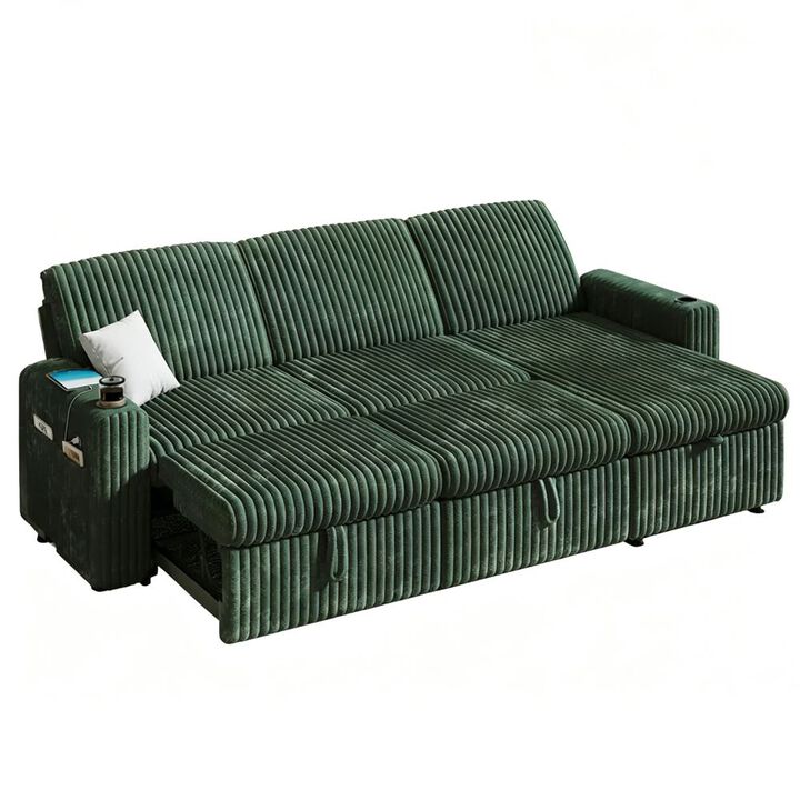 101" Corduroy Sectional Sleeper Sofa Bed with Pull-Out Bed, Reclining Backrest, Reversible Storage