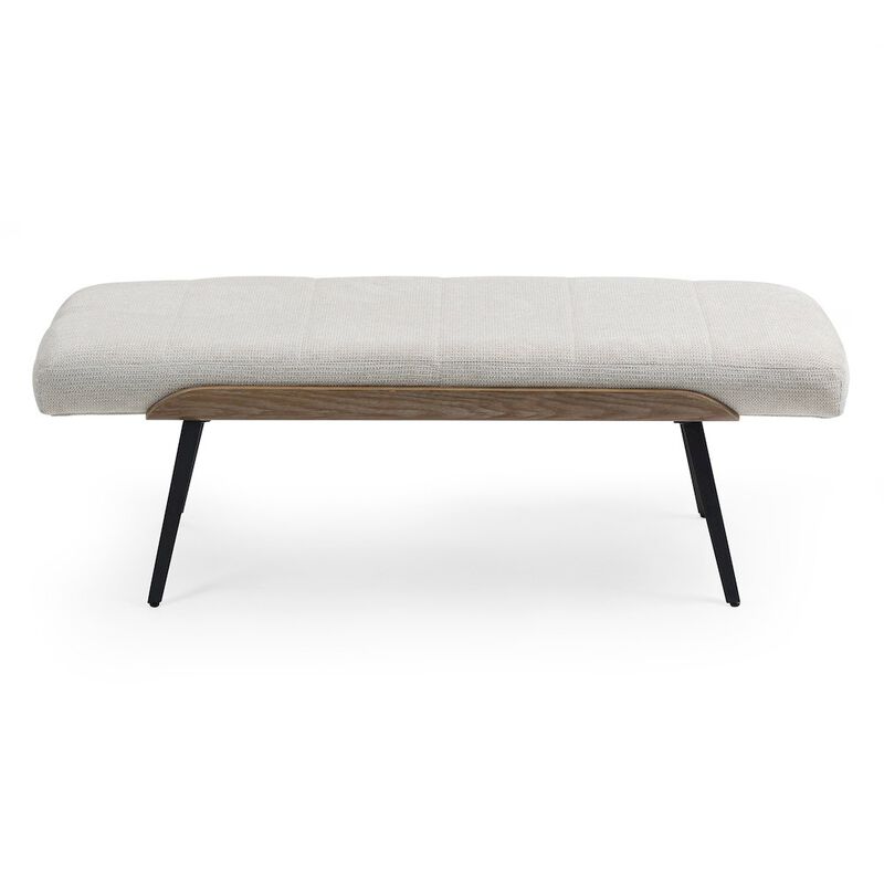Glamour Home Beige Washed Woven Fabric Bench White Washed Wood Accents and Black Iron Legs