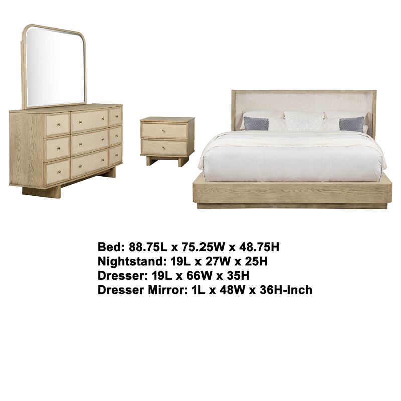 Lno 4pc Queen Bedroom Set, Resin Cane, Beige Wood, Beige Upholstery