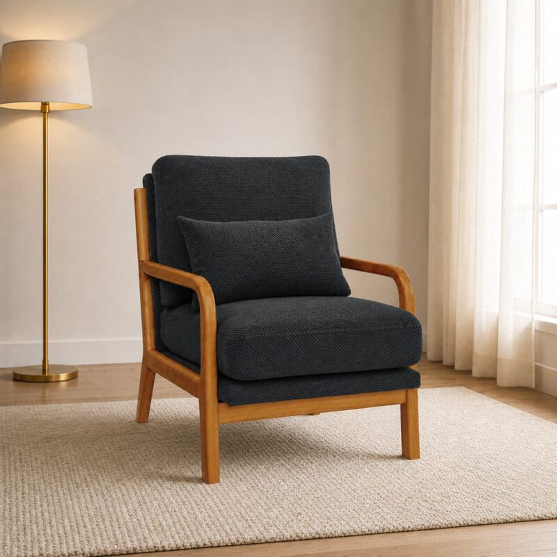 GOODSILO Mid-Century Modern Wooden Lounge Chair with Nubby Upholstery, High-Density Foam Cushion for Home and Office Use image number 2