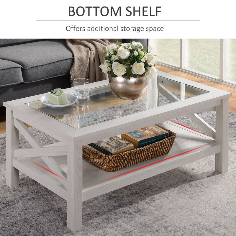 White Oak Living Room Table: Farmhouse Coffee Table with Glass Top