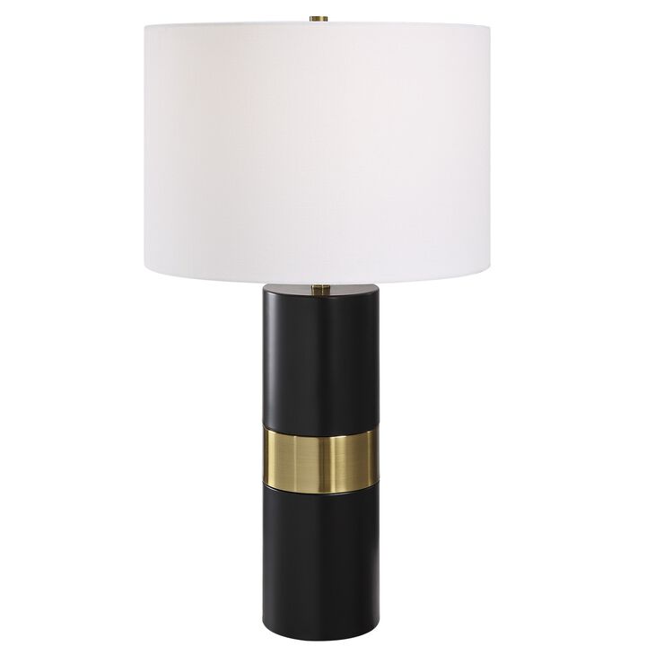 27 Inch Table Lamp, White Round Hardback Drum Shade, Black, Gold Accents - Benzara