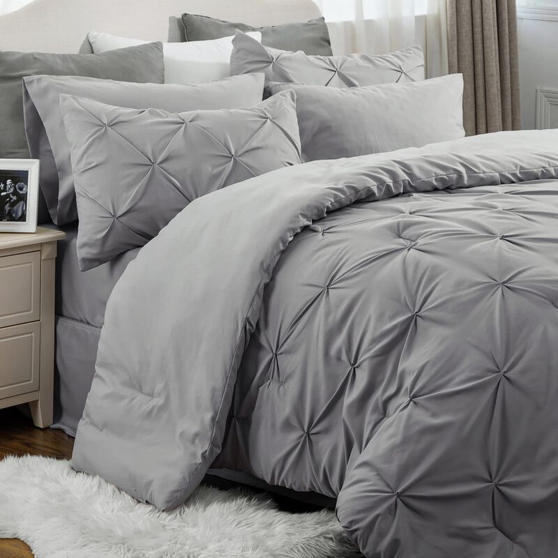 Bedsure California King Comforter Set - Cal King Bed Set 7 Pieces, Pinch Pleat Grey Cali King Bedding Set with Comforter, Sheets