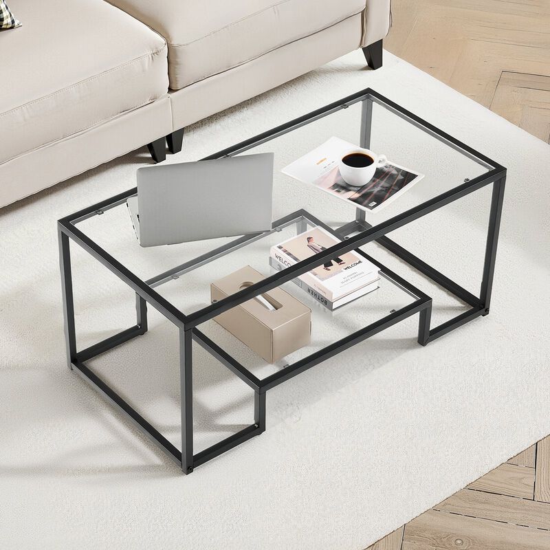 Modern Glass Coffee Table with Open Storage and Metal Frame image number 1