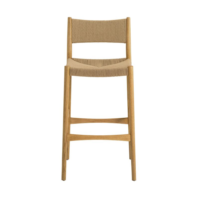 Rie Barstool Chair, Danish Inspired Panel Backrest, Brown Woven Paper Cord - Benzara