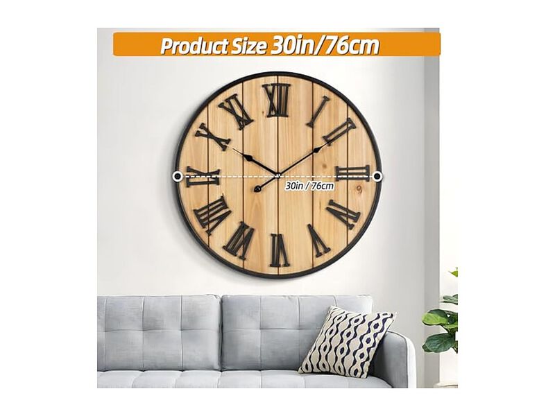 Metal Wood Style Farmhouse Wall Clock 30 Inch Silent Outdoor Battery Operated image number 2