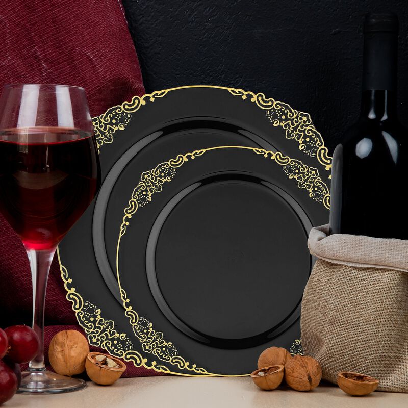 Black with Gold Fancy Round Plastic Dinnerware Value Set (120 Sets) image number 1