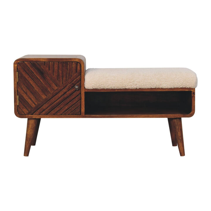 35" Cream and Chestnut Boucle and Solid Wood Upholstered Bench