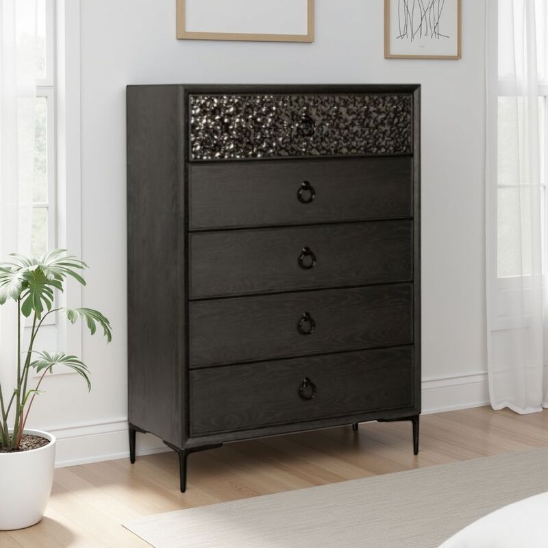 Kaira Tall Dresser Chest, 5 Drawers, Textured Metal, Espresso Brown - Benzara