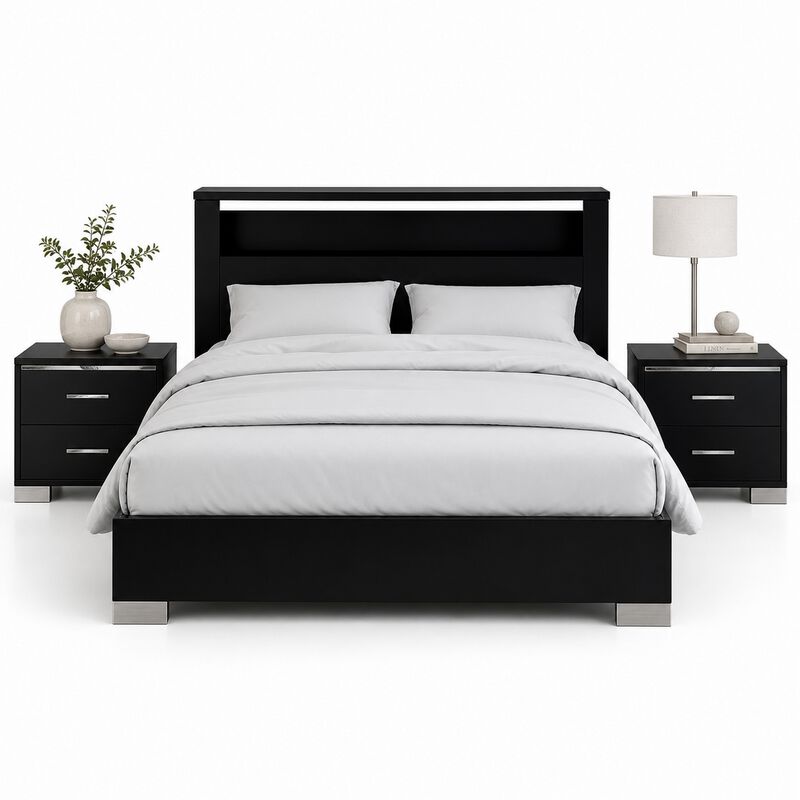 Queen Bedroom Set, Black, Chrome Wood, 3 Piece Set with 2 Nightstands image number 0