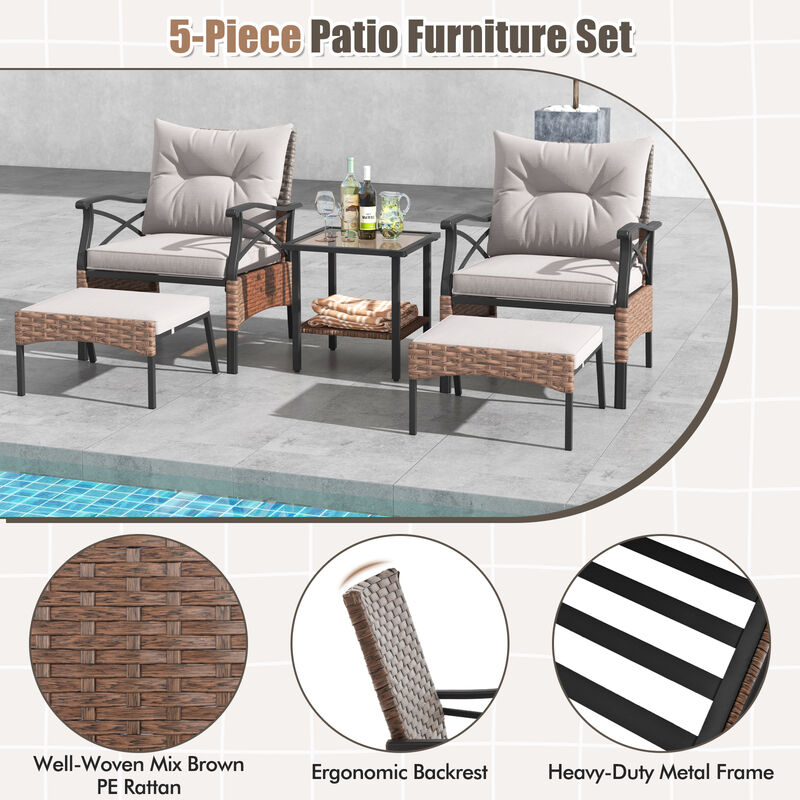 5-Piece Wicker Patio Furniture Set with Ottomans, Cushions, and 2-Tier Tempered Glass Side Table