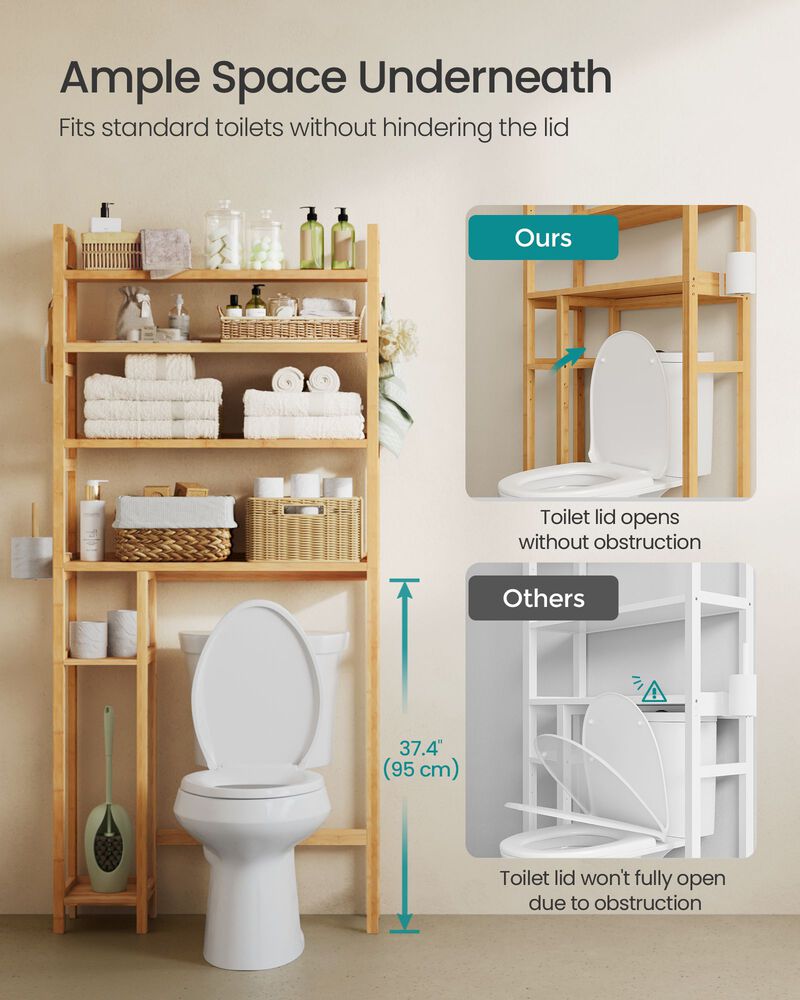 Over-the-Toilet Storage Shelf with Built-In Toilet Paper Holder and Adjustable Shelves