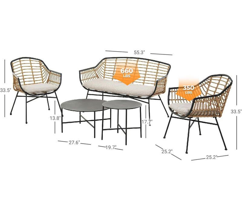 Mondawe Bohemian Rattan Patio Set w/ Rust-Proof Steel Frame & Detachable Cushions Sofa Set