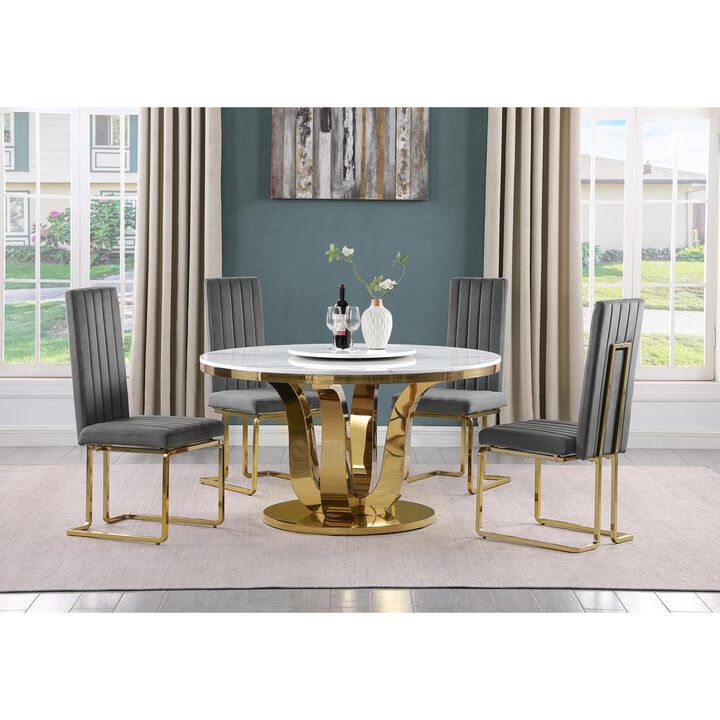5pc White marble round dining set with gold base and 4 Dark Grey side chairs