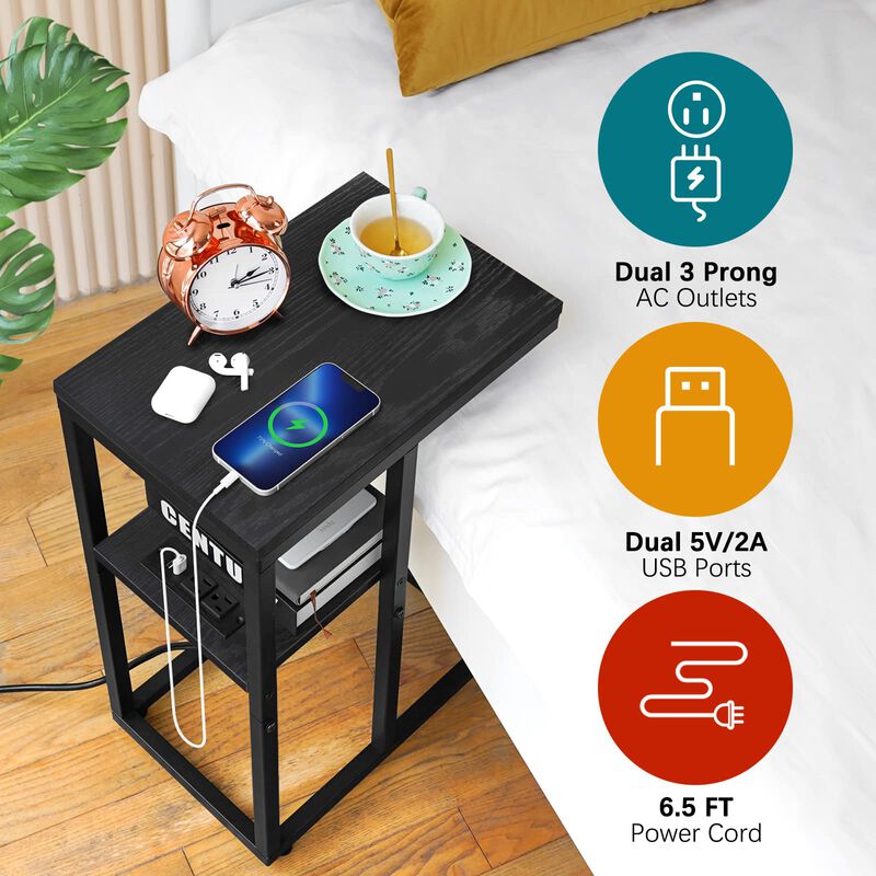 Yoobure C Shaped End Table with Charging Station, Small Side Tables for Living Room, Bedroom, Sofa Table with USB Ports and Outl