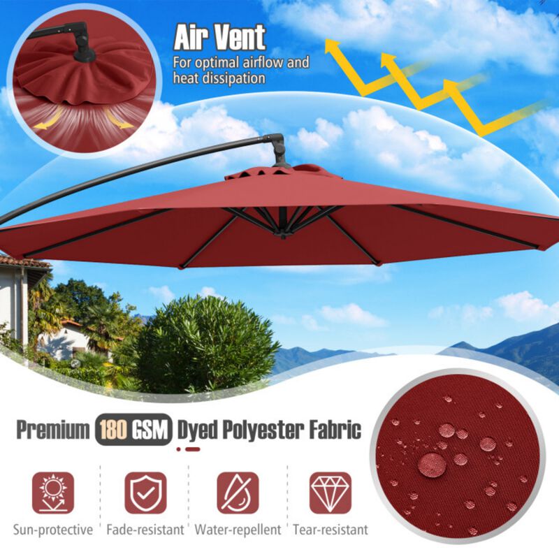 10 Feet Offset Hanging Umbrella with Base Patio Cantilever Umbrella with Tilt-Red image number 8