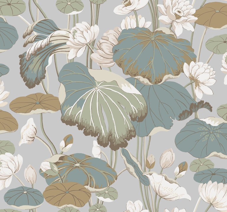 Lotus Pond Grey & Blue Wallpaper