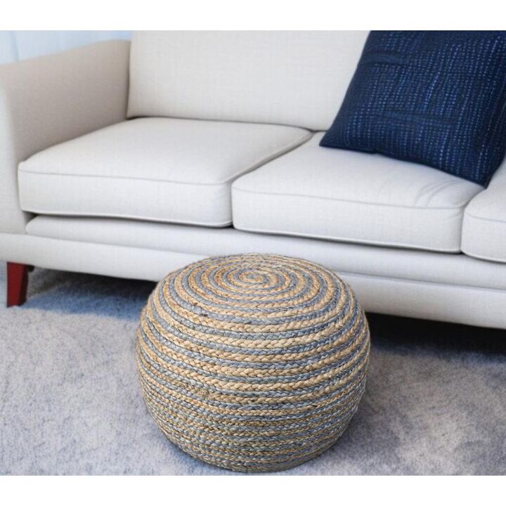 Hivvago 20 Inch Gray Cotton Blend Round Striped Pouf Ottoman