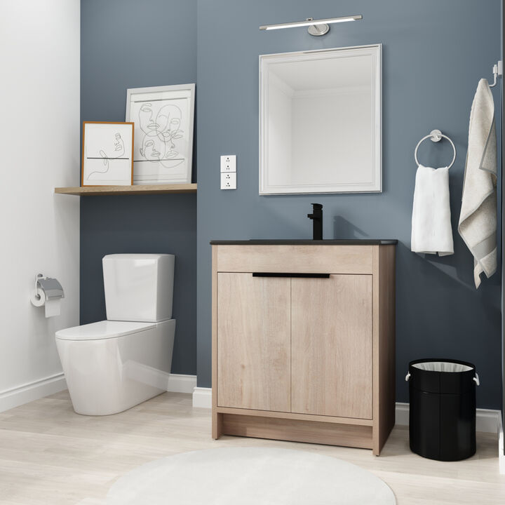 30 Inch Freestanding Bathroom Vanity with Black Ceramic Sink & 2 Soft-Close Cabinet Doors (BVB02430PLO-BL9075BK),W1286S