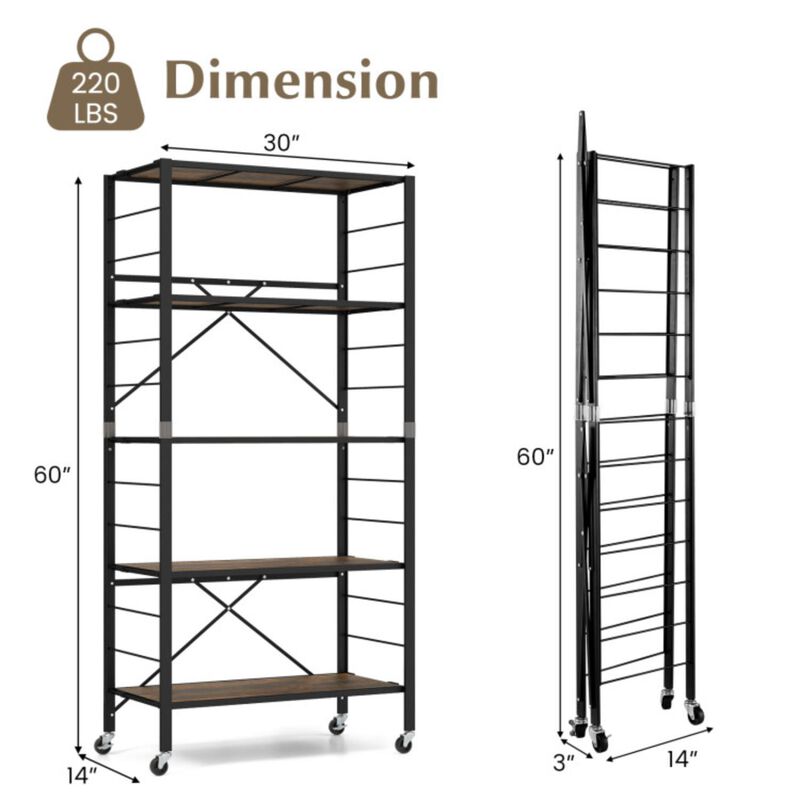 Hivvago 5-Tier Foldable Shelving Unit with Detachable Wheels and Anti-Toppling System
