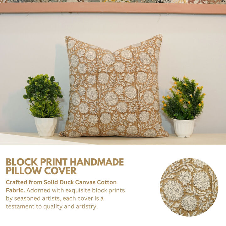 Fabdivine Brown Vintage Floral Pillow Cover Handmade Boho Cotton Throw Cushion with Handblock Print for Couch, Bed, or Living Room, Rajat