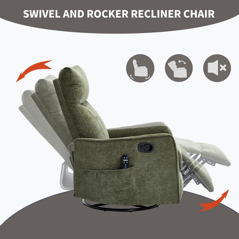 Chenille Manual Recliner Chair with Heat and Massage, Living Room Rocker and Swivel Chair image number 6