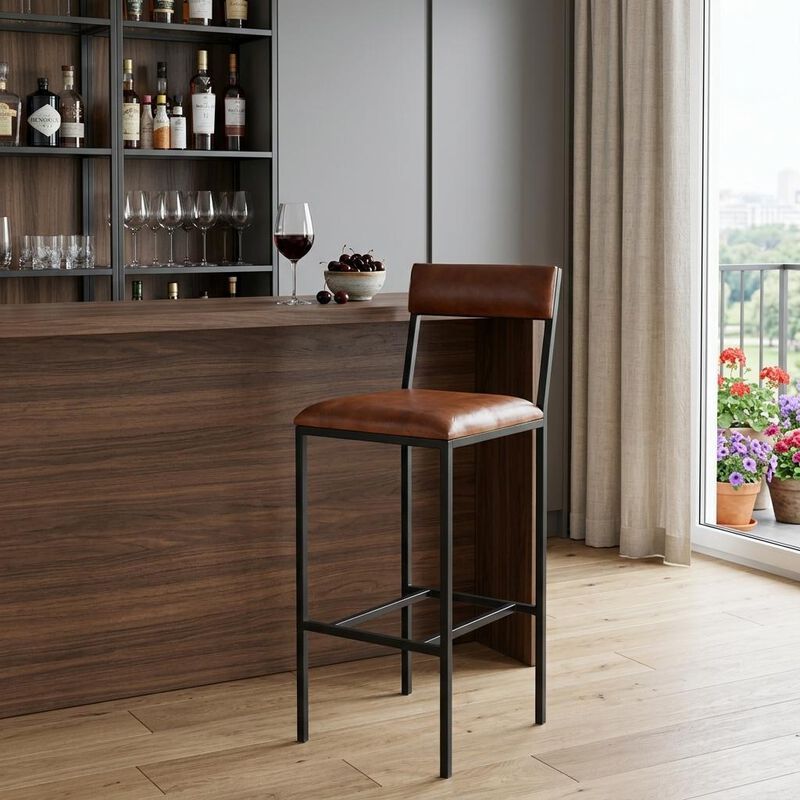 HomeRoots 32" Brown And Black Genuine Leather And Iron Bar Chair image number 1