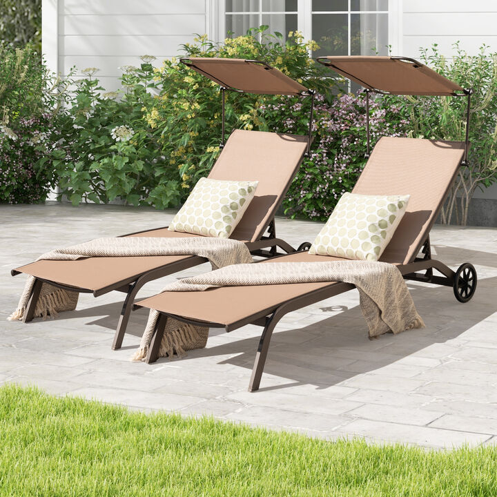 Patio Heavy-Duty Adjustable Chaise Lounge Chair with Canopy Cup holder and Wheels-Brown