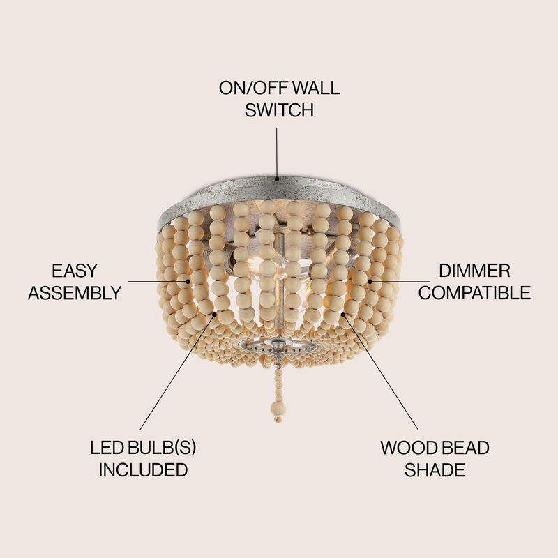 Allison 2-Light Shabby Chic Farmhouse Wood Beaded/Metal LED Flush Mount