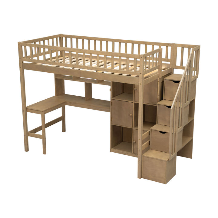 Merax Twin Size Wood Loft Bed with Desk, LED & Storage