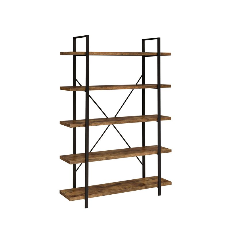 Ana 70 Inch Wood Bookcase, 5 Shelves, Crossed Metal Design, Rustic Brown-Benzara image number 1