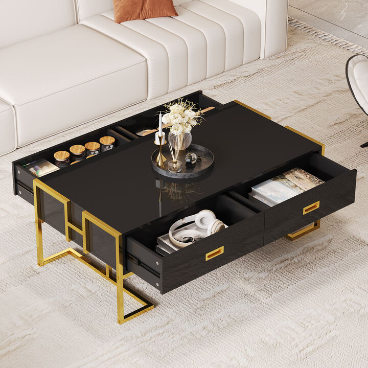 Merax Modern White Rectangular Coffee Table with 4 Drawers and Gold