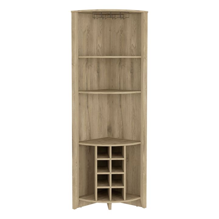DEPOT E-SHOP Giza Corner Bar Cabinet, Three Shelves, Eight Built-in Wine Rack, Two Side Shelves, Macadamia