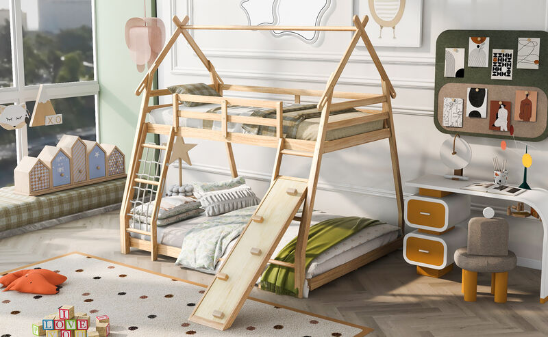 Twin over Queen House Bunk Bed with Climbing Nets and Climbing Ramp, Natural