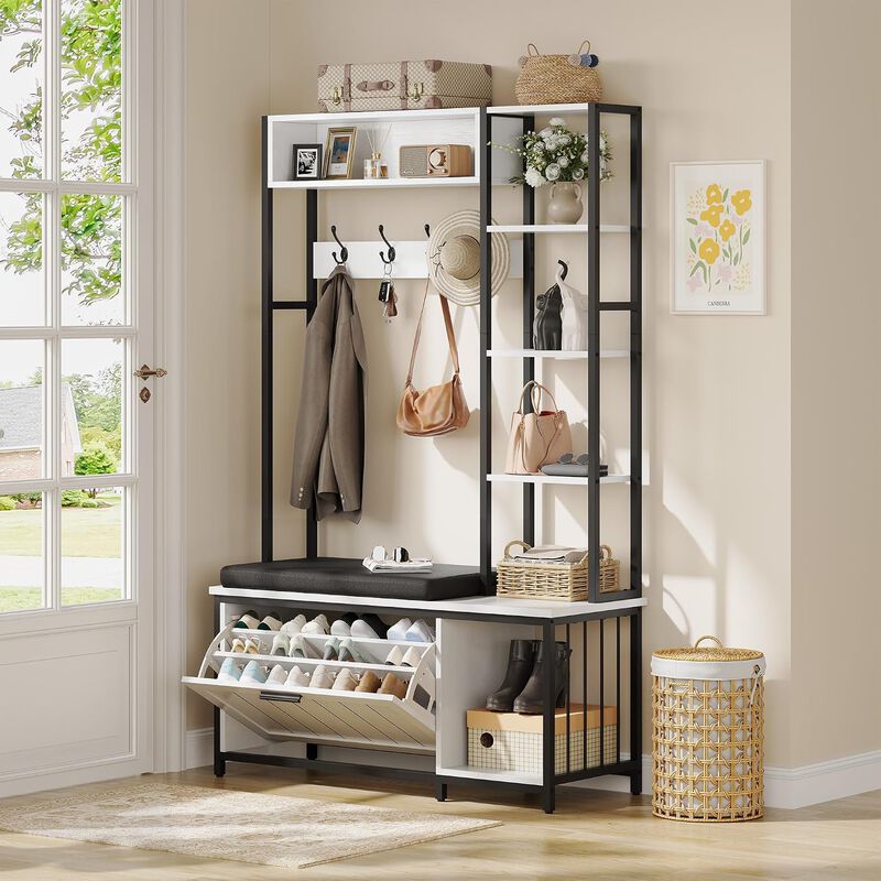 Hall Tree with Bench and Shoe Storage, 39.4" Entryway Bench with Coat Rack freestanding, Wall Rack 4 Hooks and Shelves, 39.37" x 15.74&ldquo; x 69.69" image number 1