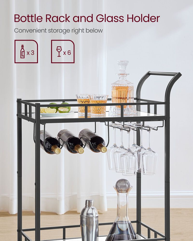 2-Tier Mirrored Bar Cart – Elegant Home Serving Trolley with Glass Shelves and Wheels for Dining or Living Room