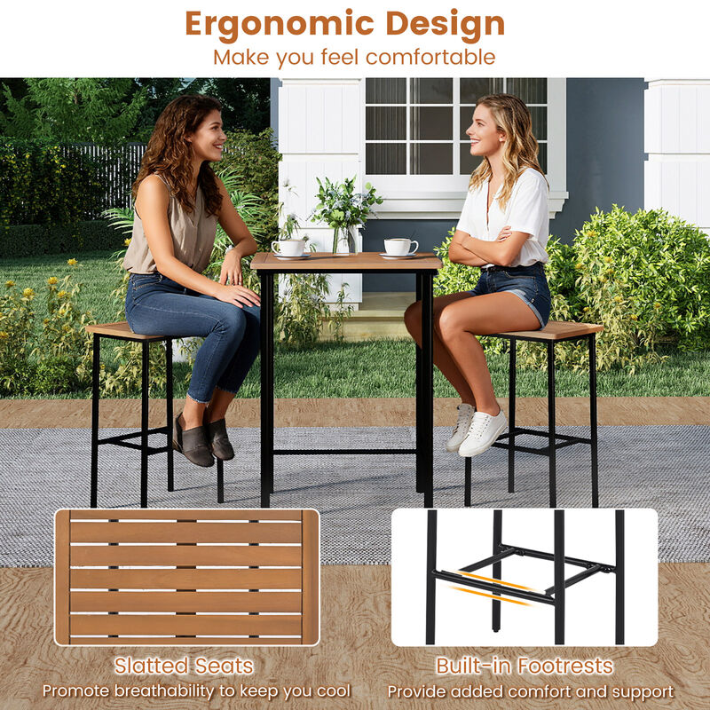 Acacia Wood Outdoor Bar Set 3 Piece with Rectangular Table and Metal Legs-Natural image number 6