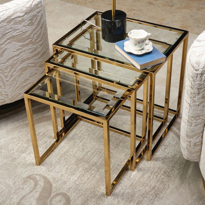 Michael Amini Savannah Breeze Set of 3 Nesting Tables - Bright Gold