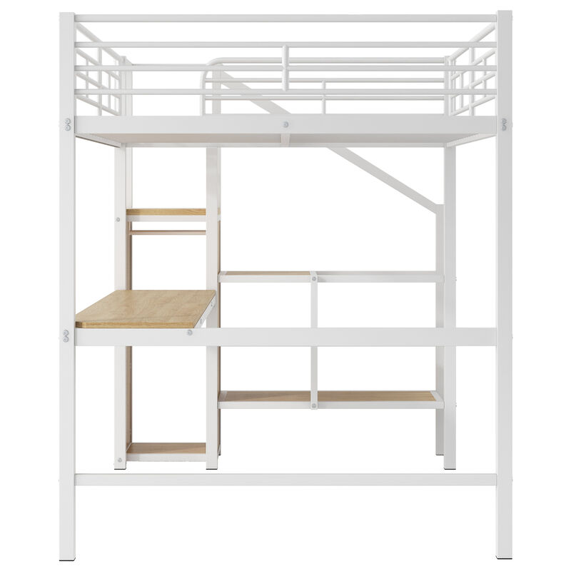 Whisen Full Size Metal Loft Bed with Desk, Storage Staircase, Small Wardrobe and LED Light